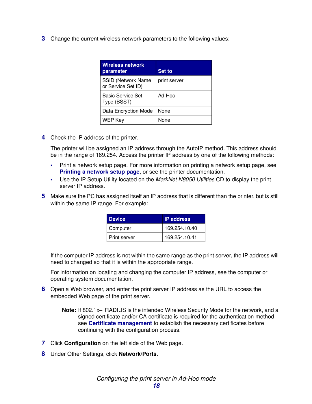 Lexmark N8050 manual Configuring the print server in Ad-Hoc mode 