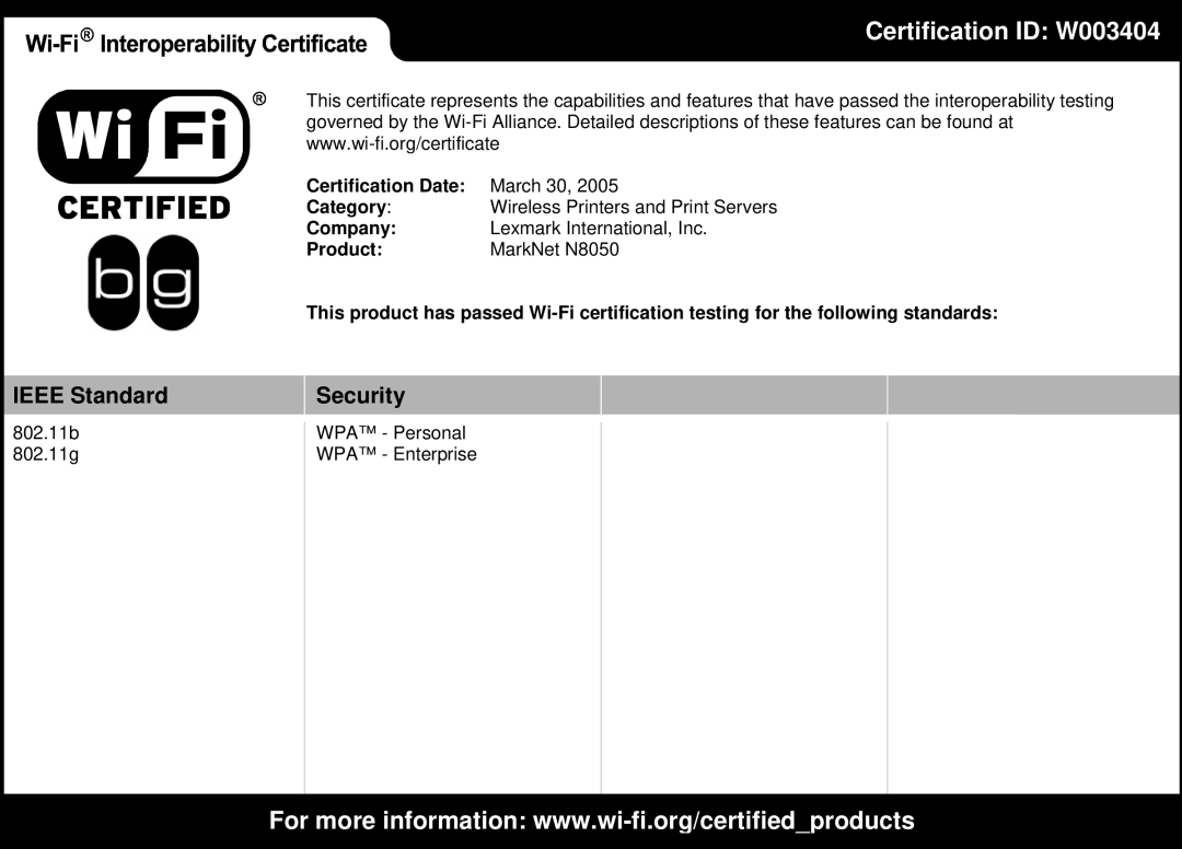 Lexmark N8050 manual Certification ID W003404 