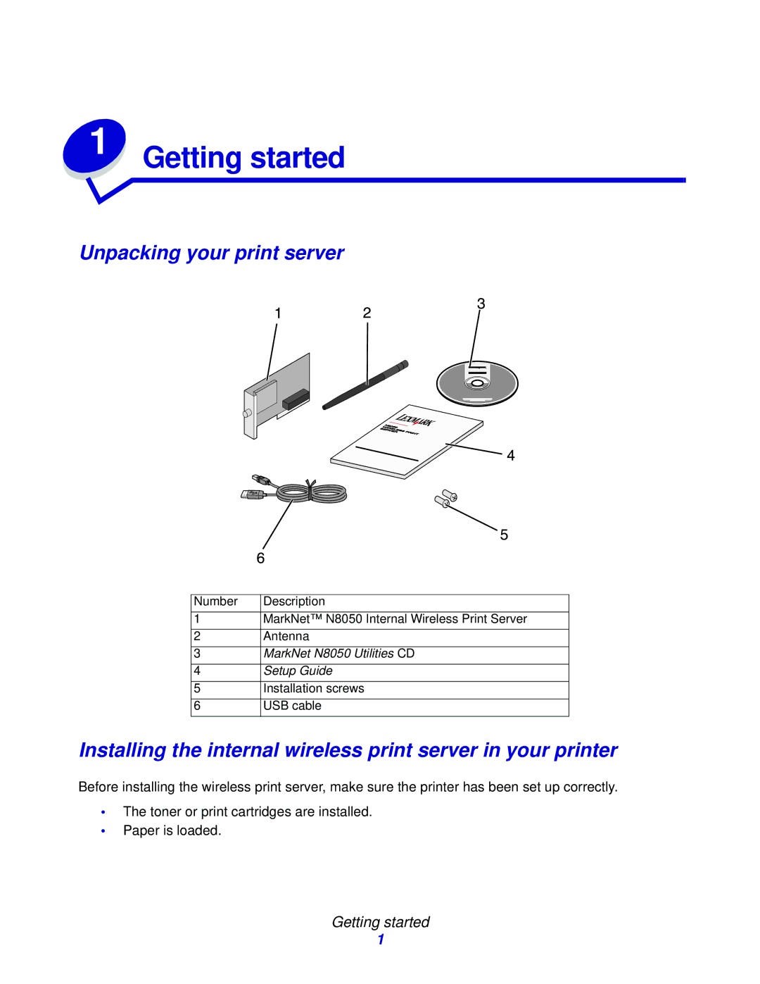 Lexmark N8050 manual Getting started, Unpacking your print server 