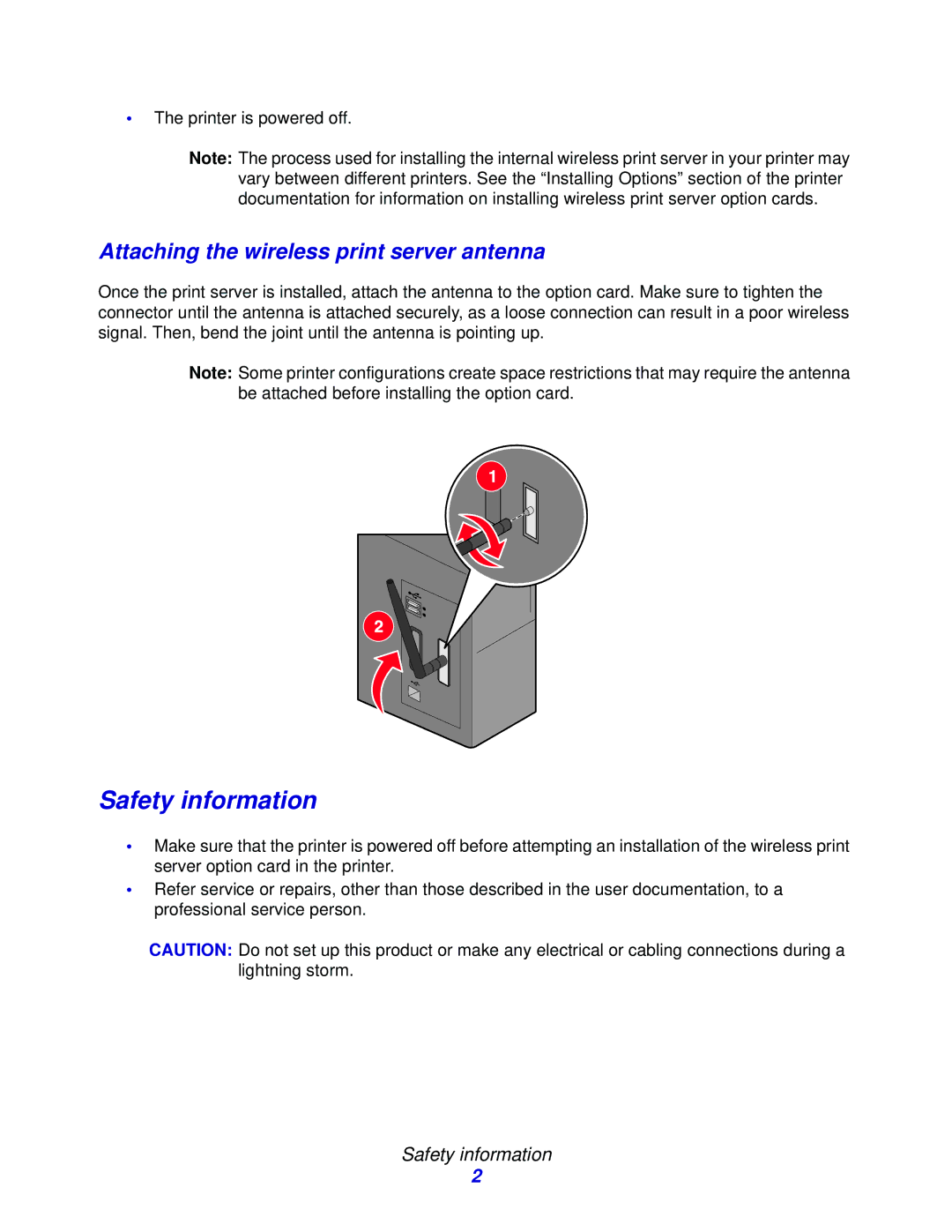 Lexmark N8050 manual Safety information, Attaching the wireless print server antenna 