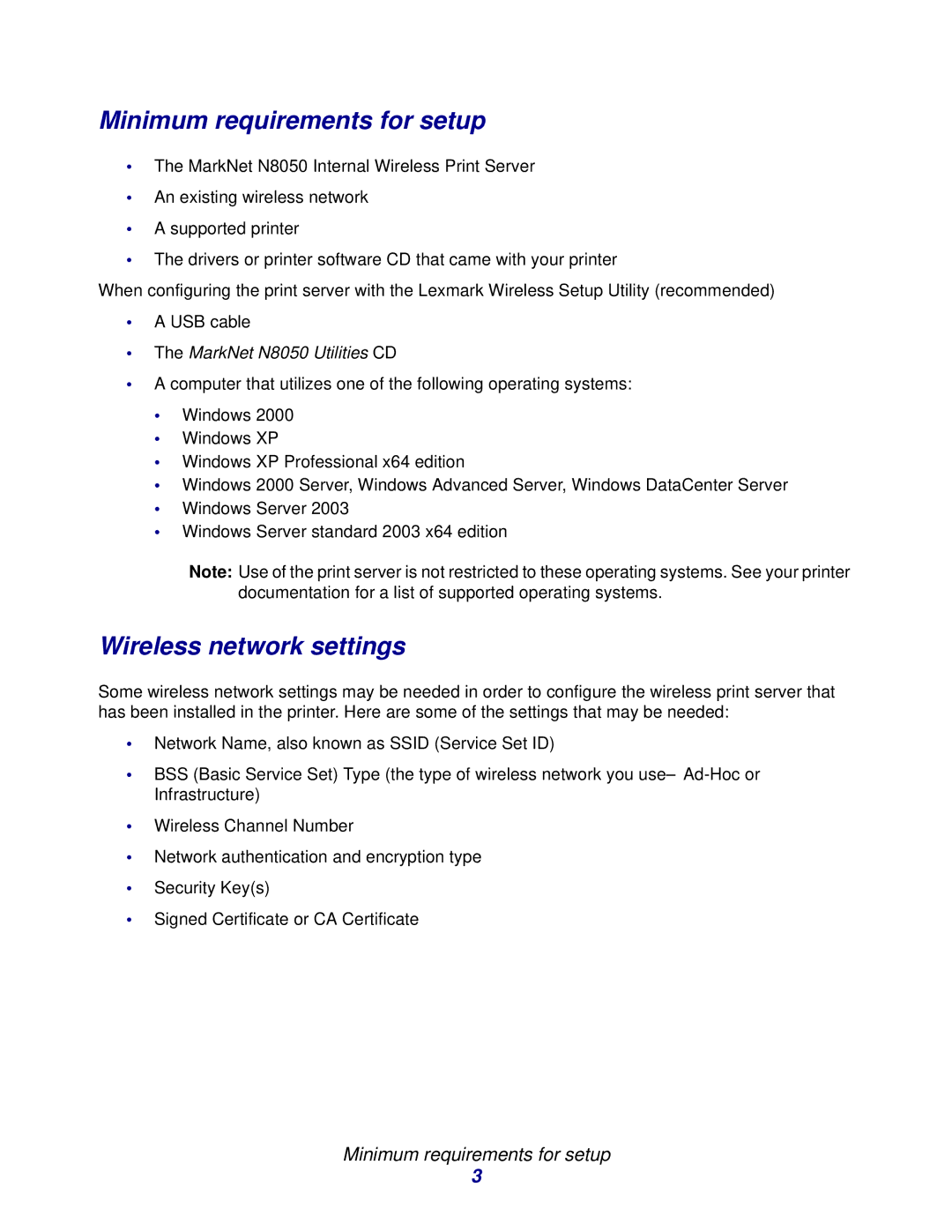 Lexmark N8050 manual Minimum requirements for setup, Wireless network settings 