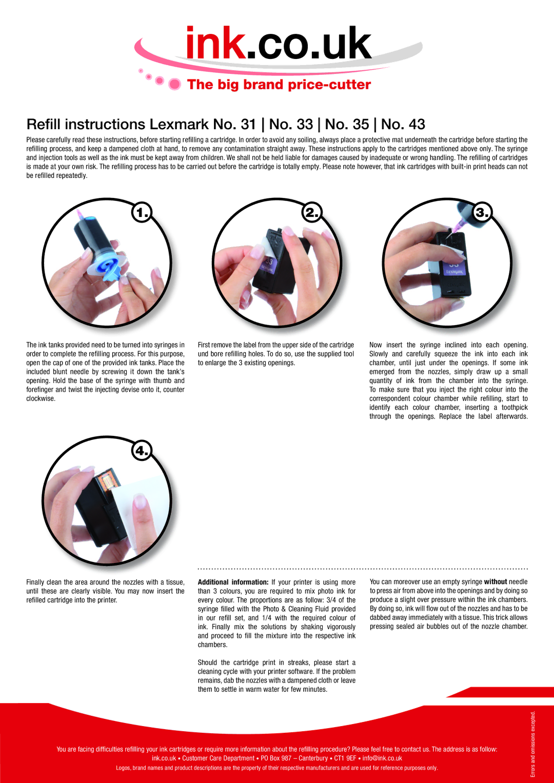 Lexmark NO. 43, NO. 33, NO. 35, NO. 31 manual Reﬁll instructions Lexmark No No No No 