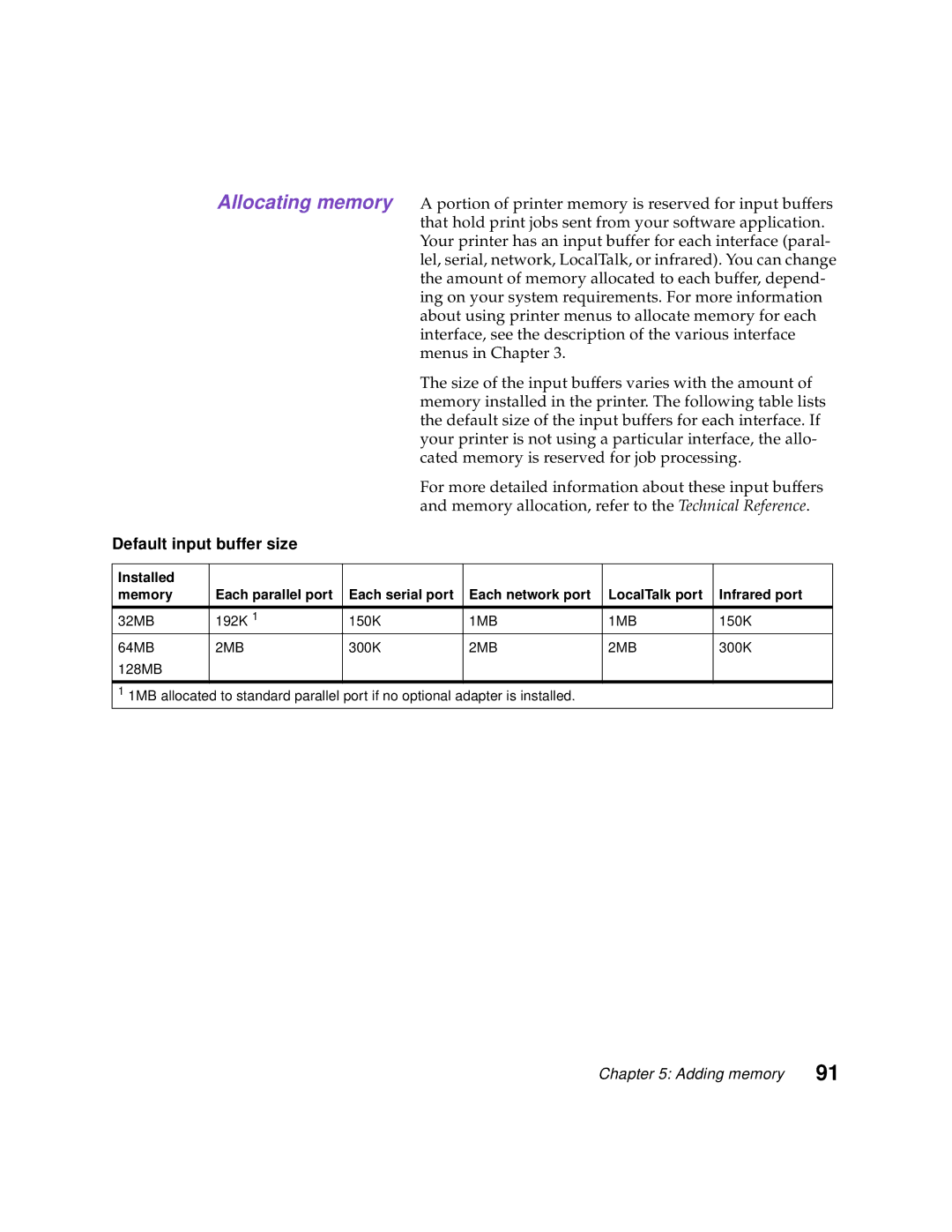 Lexmark Optra C710 manual Allocating memory, Default input buffer size, 32MB 192K 150K, 150K 64MB, 300K 