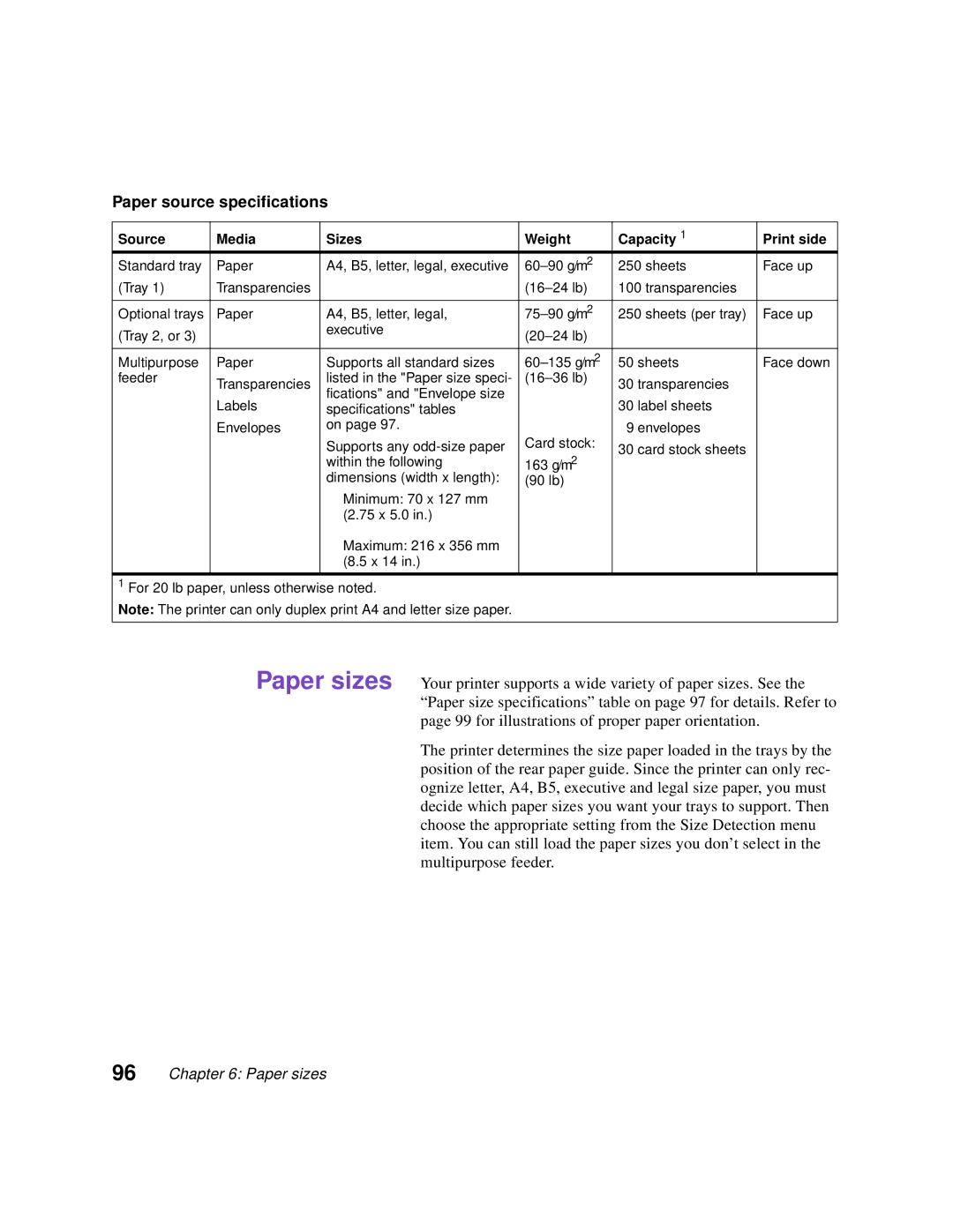 Lexmark Optra C710 manual Paper source specifications, Source Media Sizes Weight Capacity Print side 