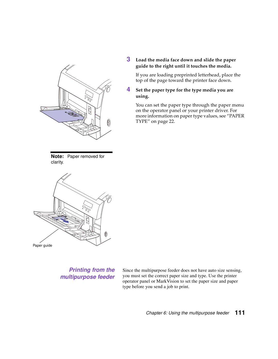 Lexmark Optra C710 manual Printing from the multipurpose feeder, Set the paper type for the type media you are using 