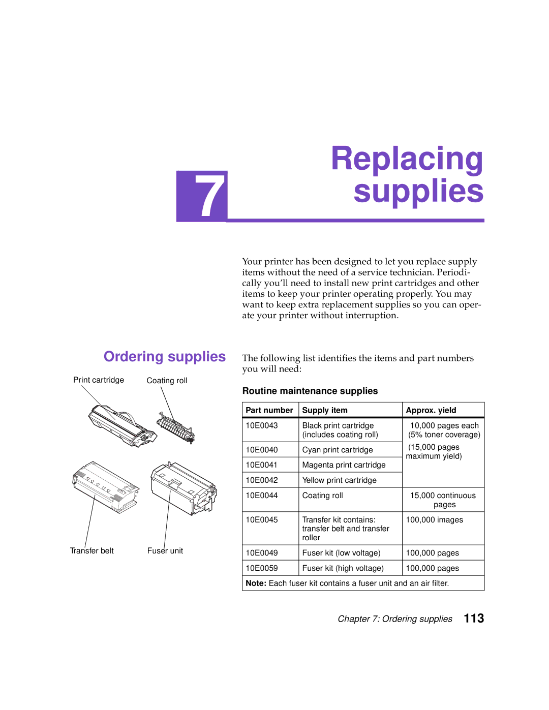 Lexmark Optra C710 manual Replacing supplies, Ordering supplies, Routine maintenance supplies 