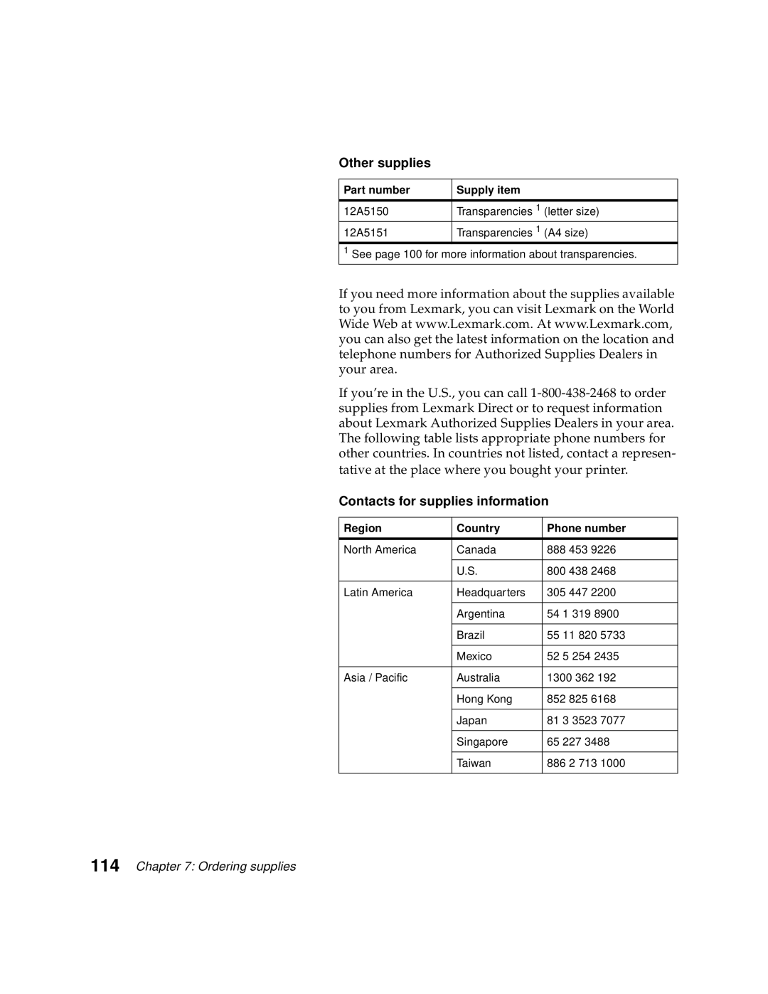 Lexmark Optra C710 manual Other supplies, Contacts for supplies information 