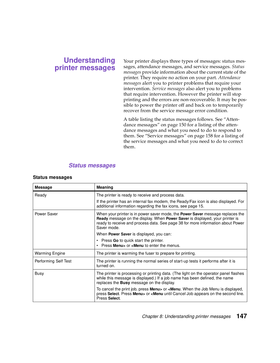 Lexmark Optra C710 manual Understanding printer messages, Status messages 