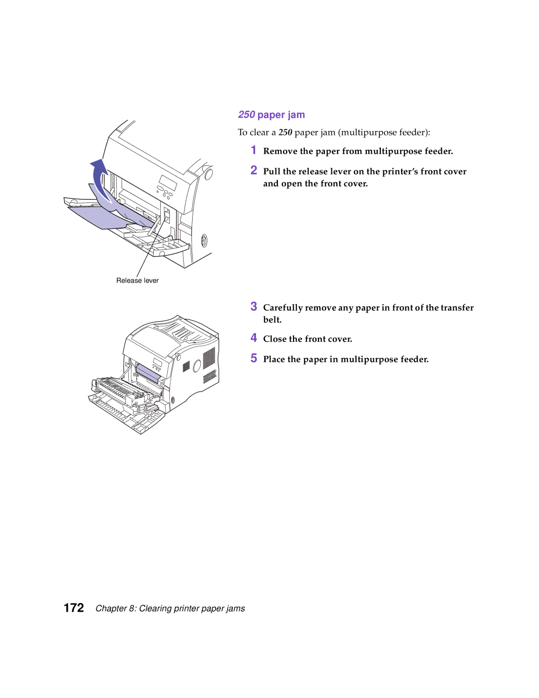 Lexmark Optra C710 manual To clear a 250 paper jam multipurpose feeder 