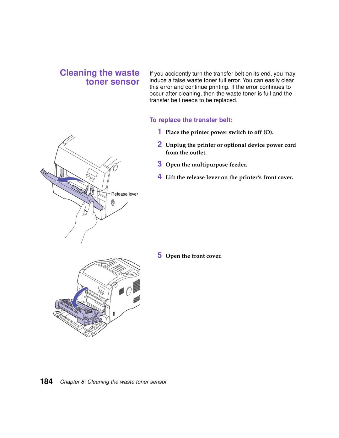 Lexmark Optra C710 manual Cleaning the waste toner sensor, To replace the transfer belt 