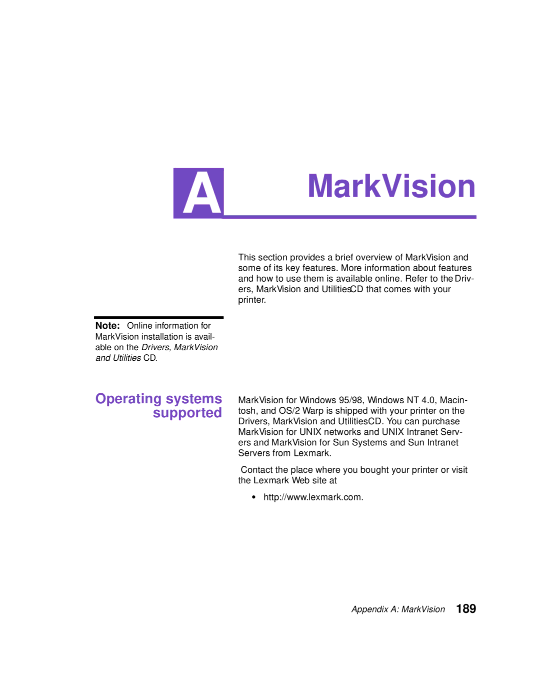 Lexmark Optra C710 manual MarkVision, Operating systems supported 