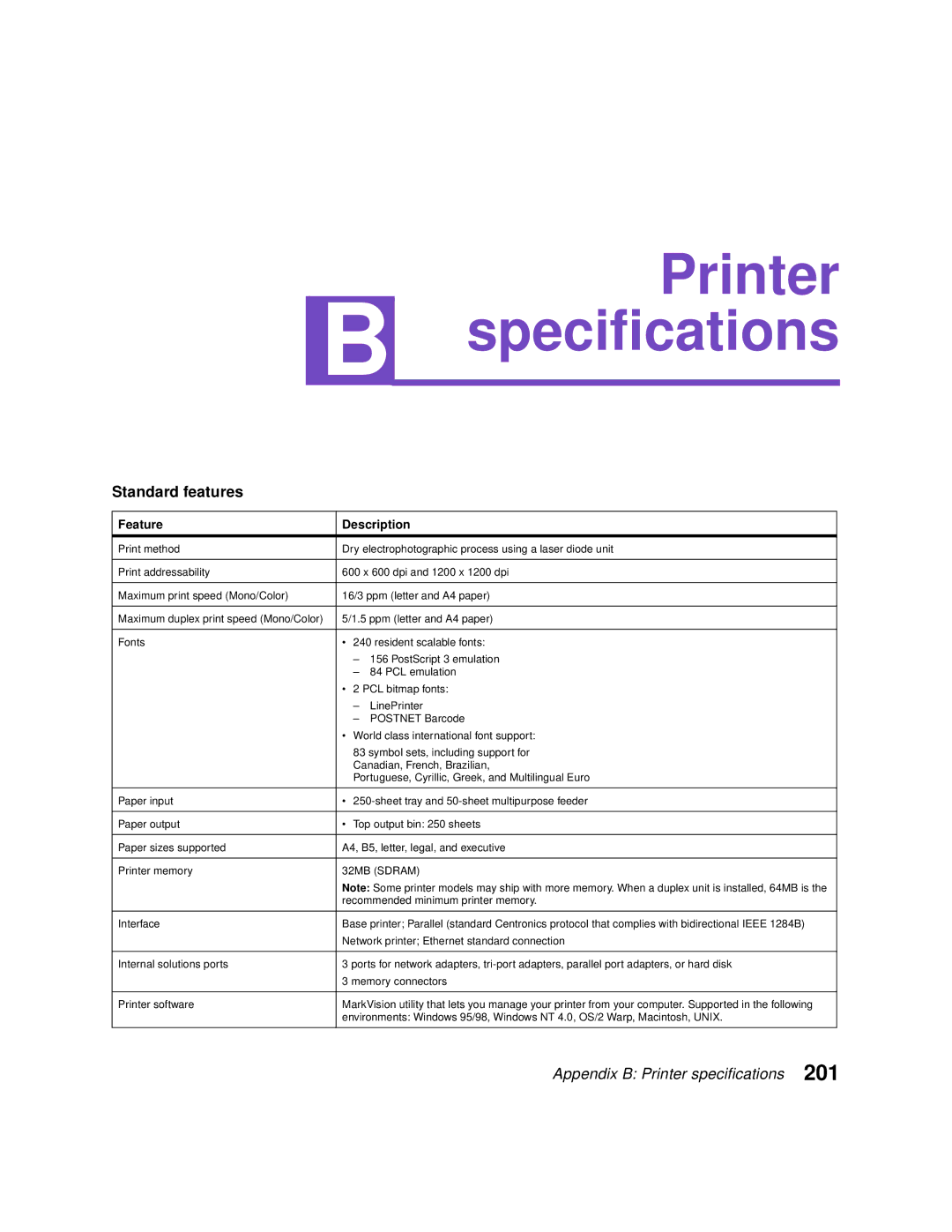 Lexmark Optra C710 manual Printer specifications, Standard features 