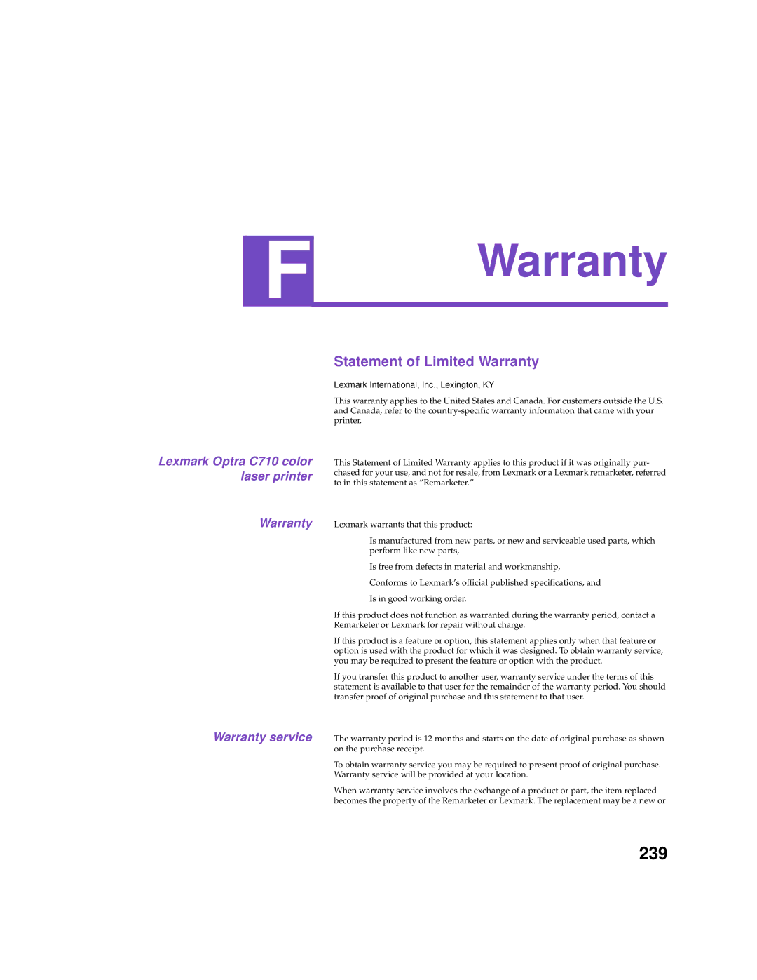 Lexmark Optra C710 manual Statement of Limited Warranty 