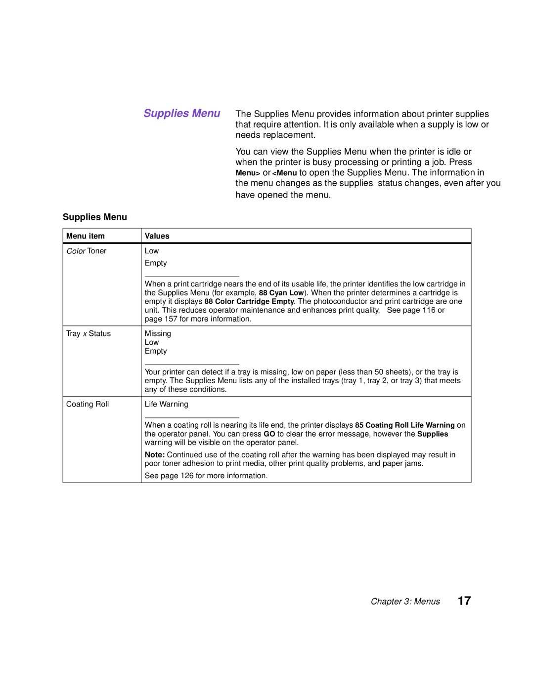 Lexmark Optra C710 manual Supplies Menu 