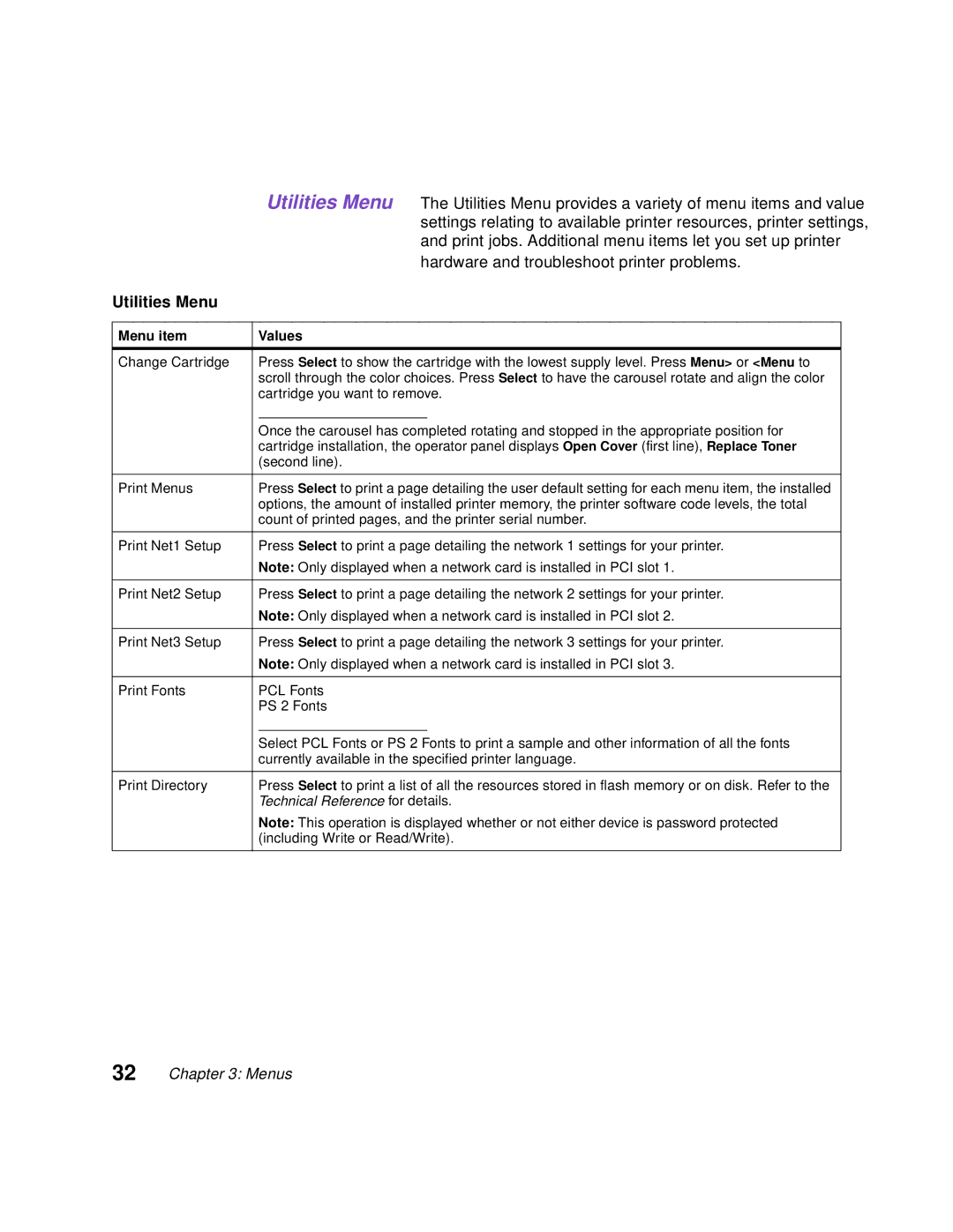 Lexmark Optra C710 Utilities Menu, Count of printed pages, and the printer serial number, Including Write or Read/Write 