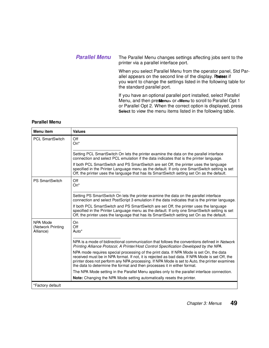 Lexmark Optra C710 manual Parallel Menu, NPA Mode Network Printing Off Alliance Auto 