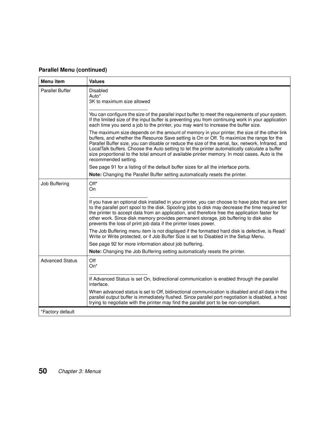 Lexmark Optra C710 manual Parallel Buffer Disabled Auto 3K to maximum size allowed, Recommended setting, Job Buffering Off 