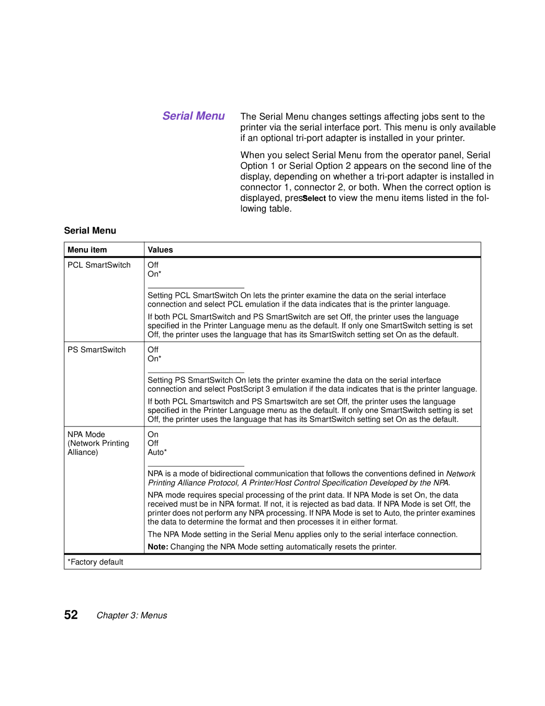 Lexmark Optra C710 manual Serial Menu 