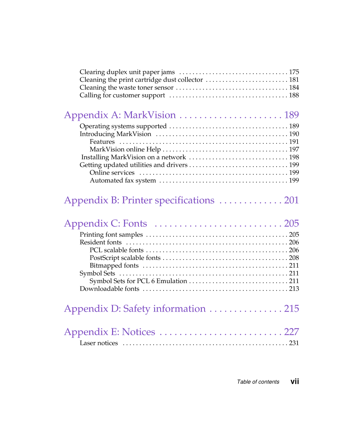 Lexmark Optra C710 manual Appendix D Safety information Appendix E Notices 