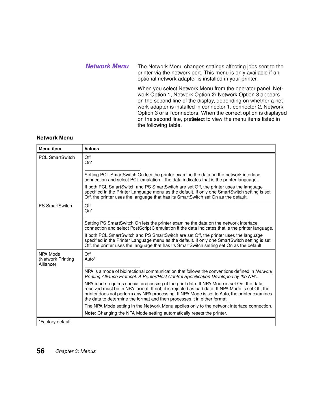 Lexmark Optra C710 manual Network Menu, NPA Mode Off Network Printing Auto Alliance 