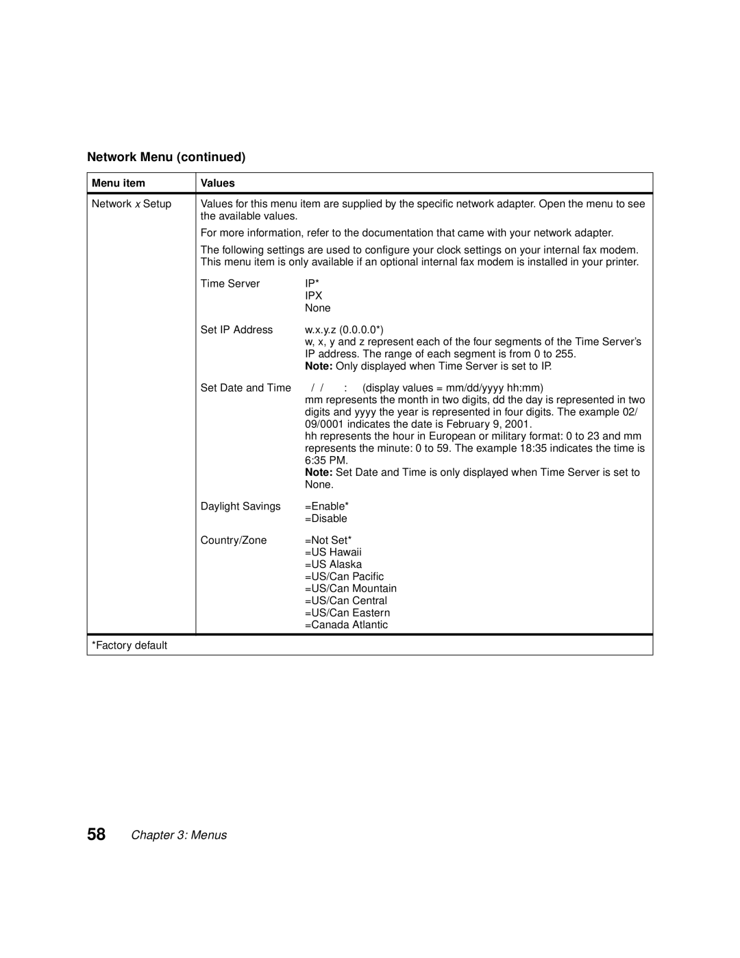 Lexmark Optra C710 manual Network x Setup, Time Server, =US/Can Central, =US/Can Eastern, =Canada Atlantic 