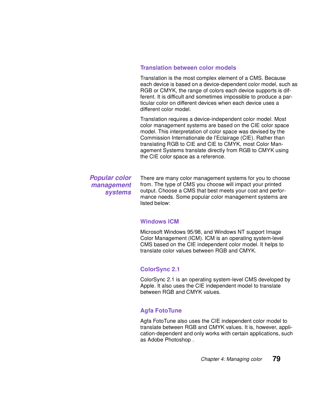 Lexmark Optra C710 manual Popular color management systems, Translation between color models, Windows ICM, ColorSync 