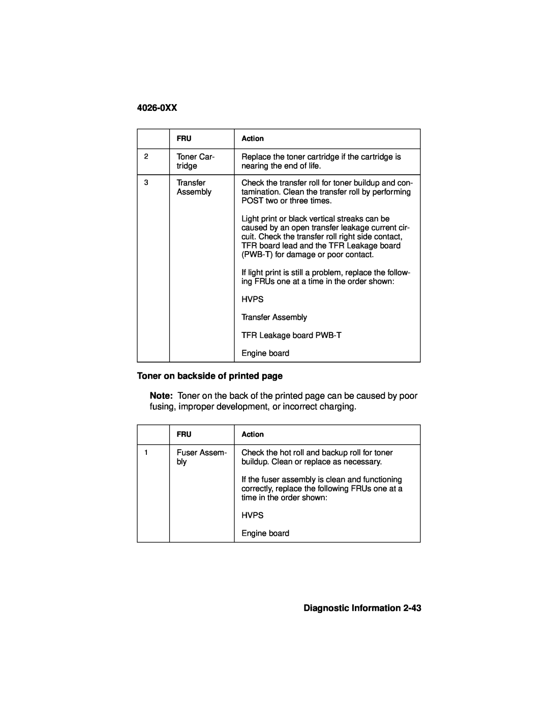 Lexmark OptraTM manual Toner on backside of printed page, 4026-0XX, Diagnostic Information 