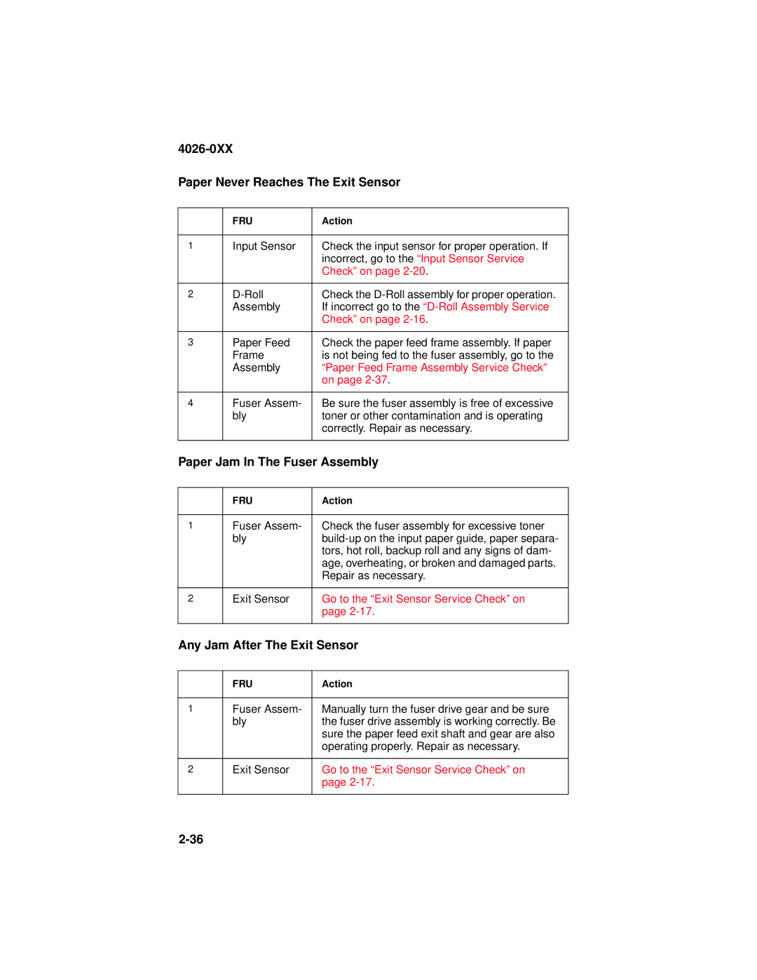 Lexmark OptraTM manual 4026-0XX Paper Never Reaches The Exit Sensor, Paper Jam In The Fuser Assembly 