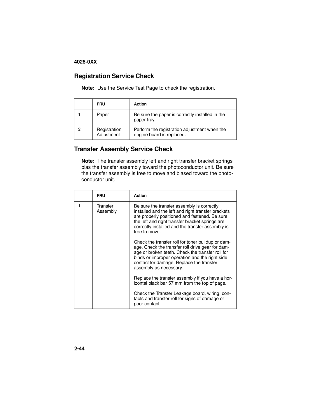 Lexmark OptraTM manual Registration Service Check, Transfer Assembly Service Check 