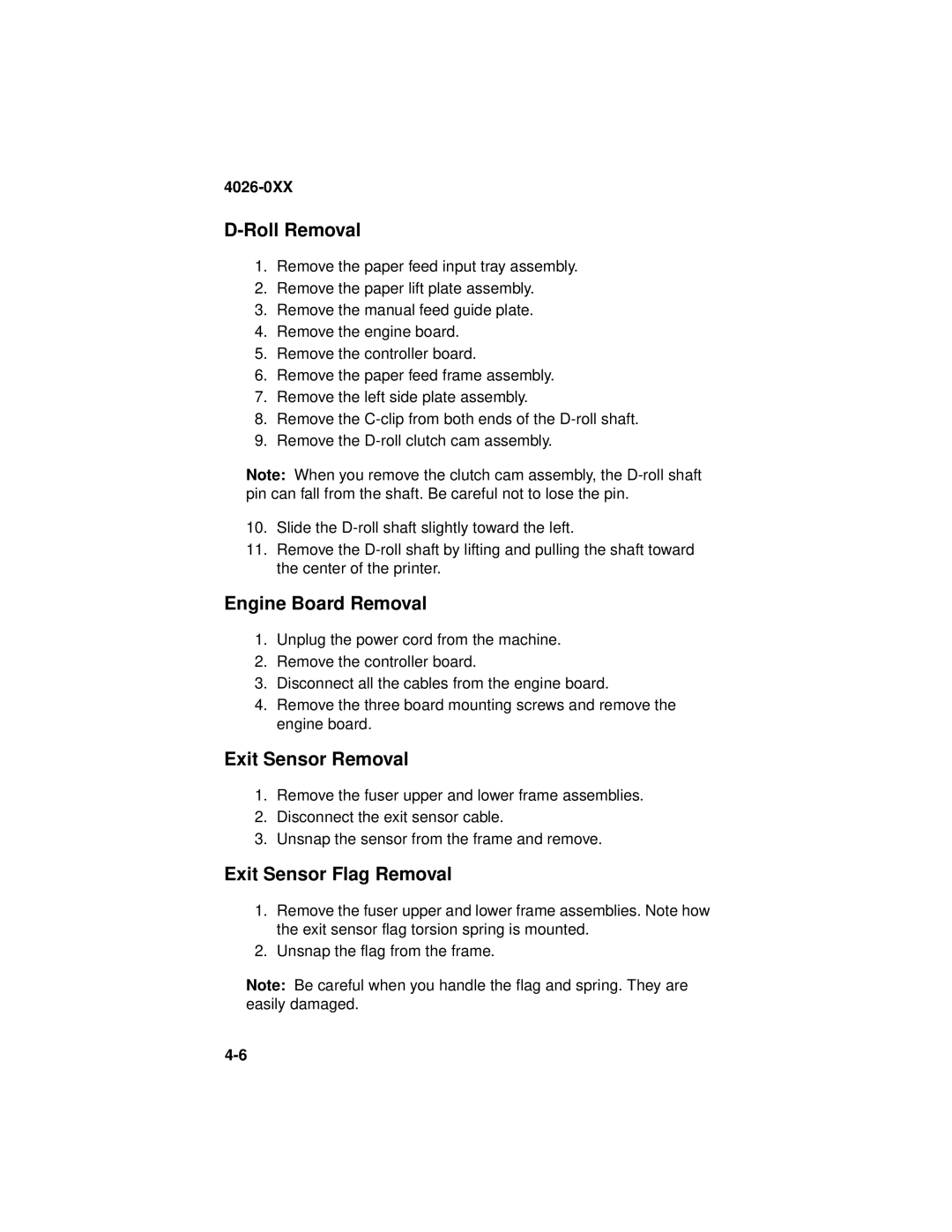 Lexmark OptraTM manual Roll Removal, Engine Board Removal, Exit Sensor Removal, Exit Sensor Flag Removal 