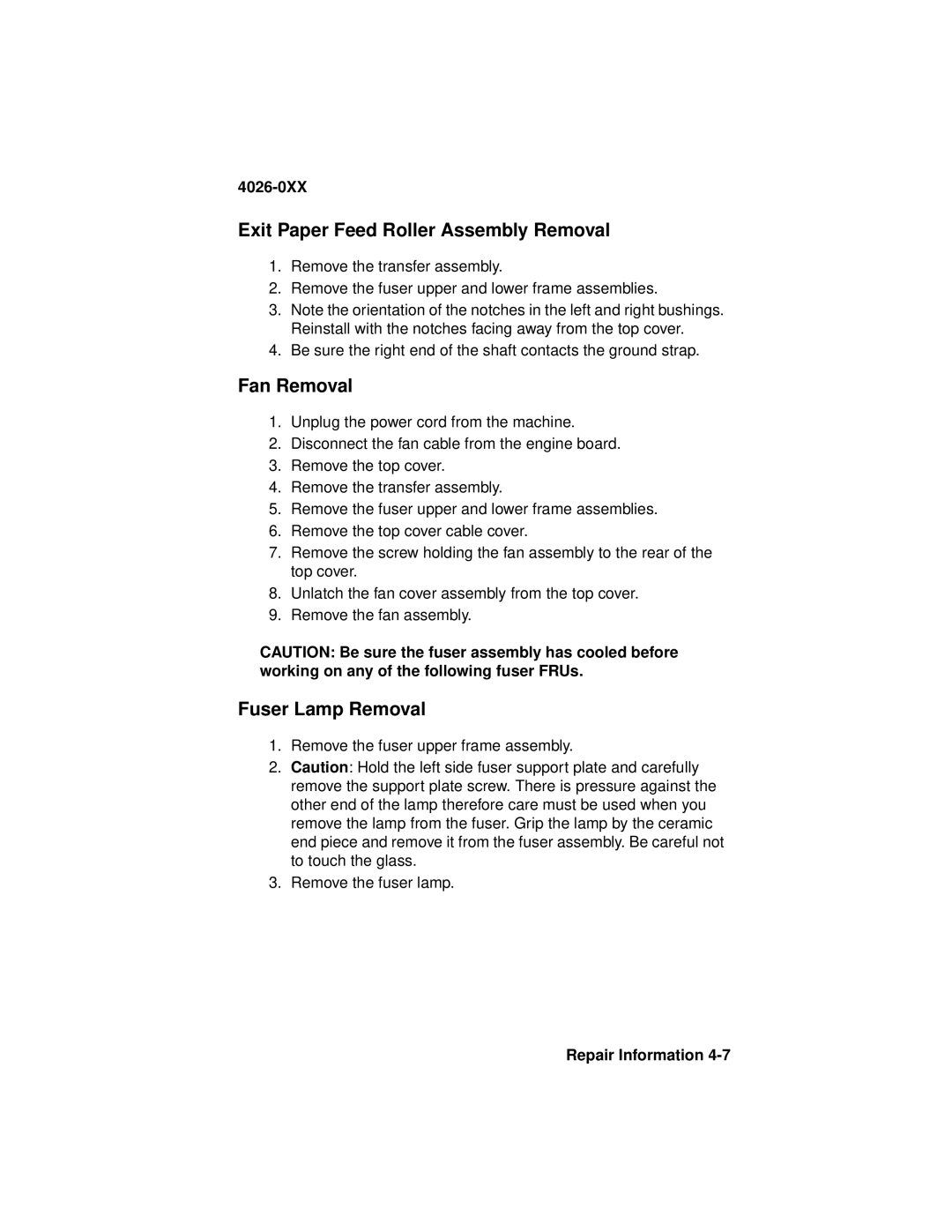 Lexmark OptraTM manual Exit Paper Feed Roller Assembly Removal, Fan Removal, Fuser Lamp Removal 