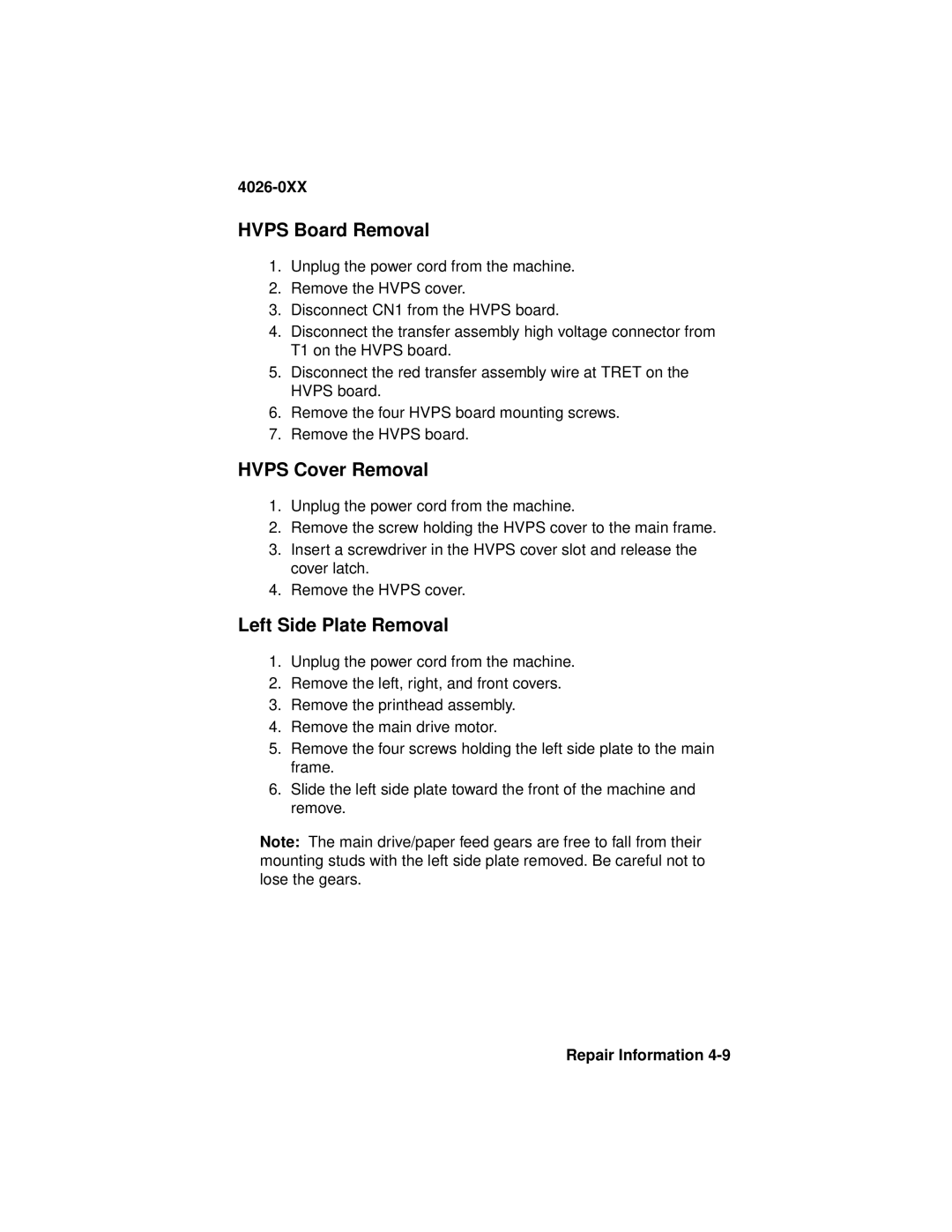 Lexmark OptraTM manual Hvps Board Removal, Hvps Cover Removal, Left Side Plate Removal 