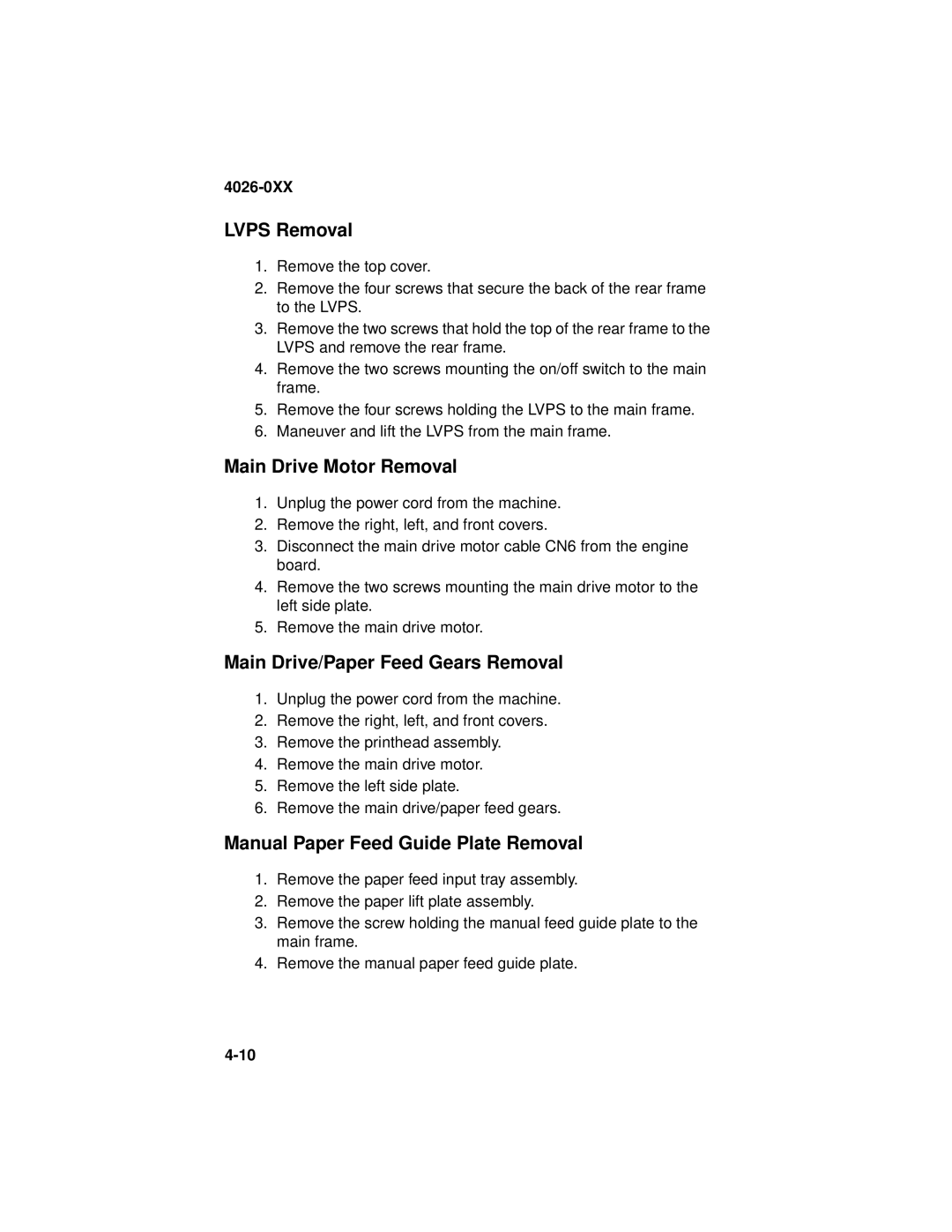 Lexmark OptraTM manual Lvps Removal, Main Drive Motor Removal, Main Drive/Paper Feed Gears Removal 