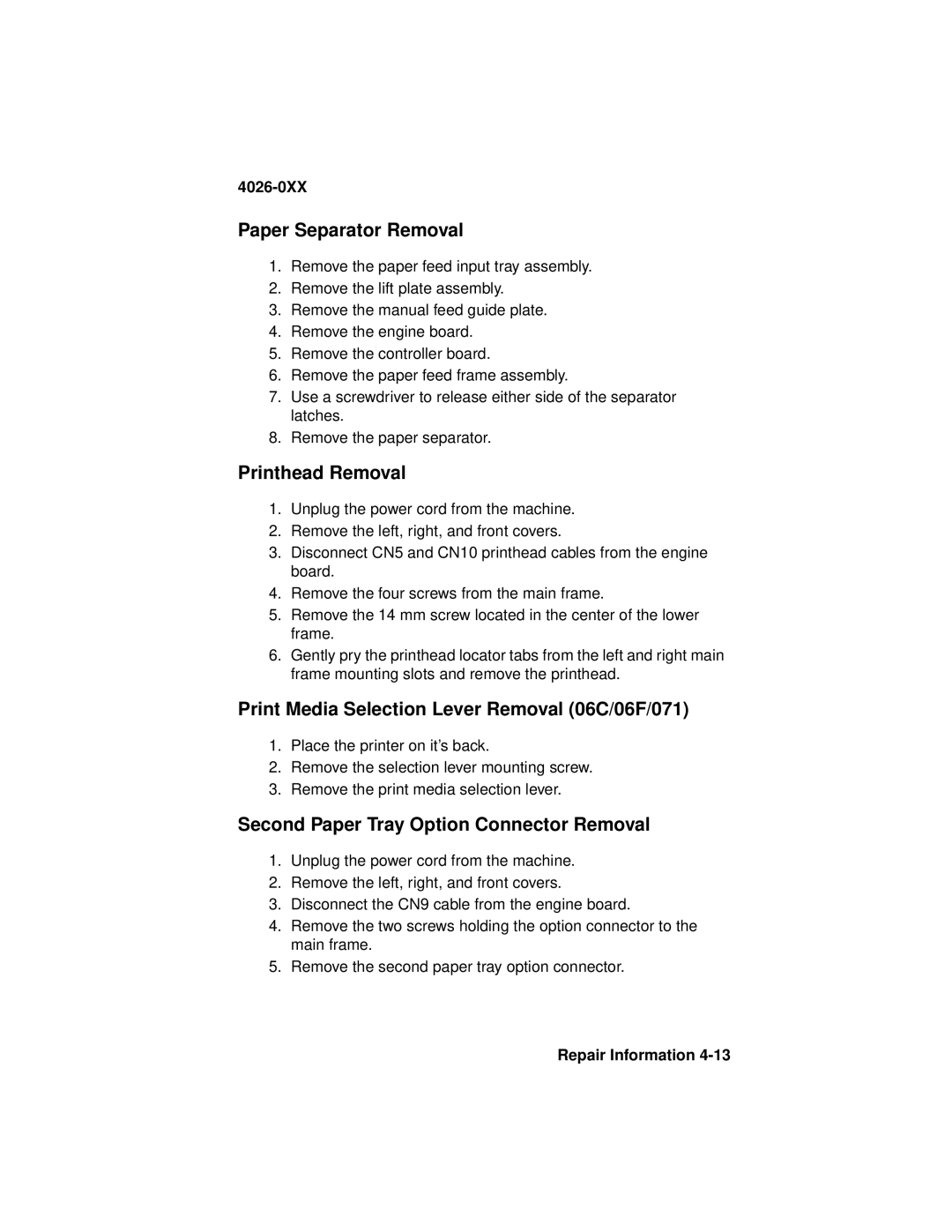 Lexmark OptraTM manual Paper Separator Removal, Printhead Removal, Print Media Selection Lever Removal 06C/06F/071 