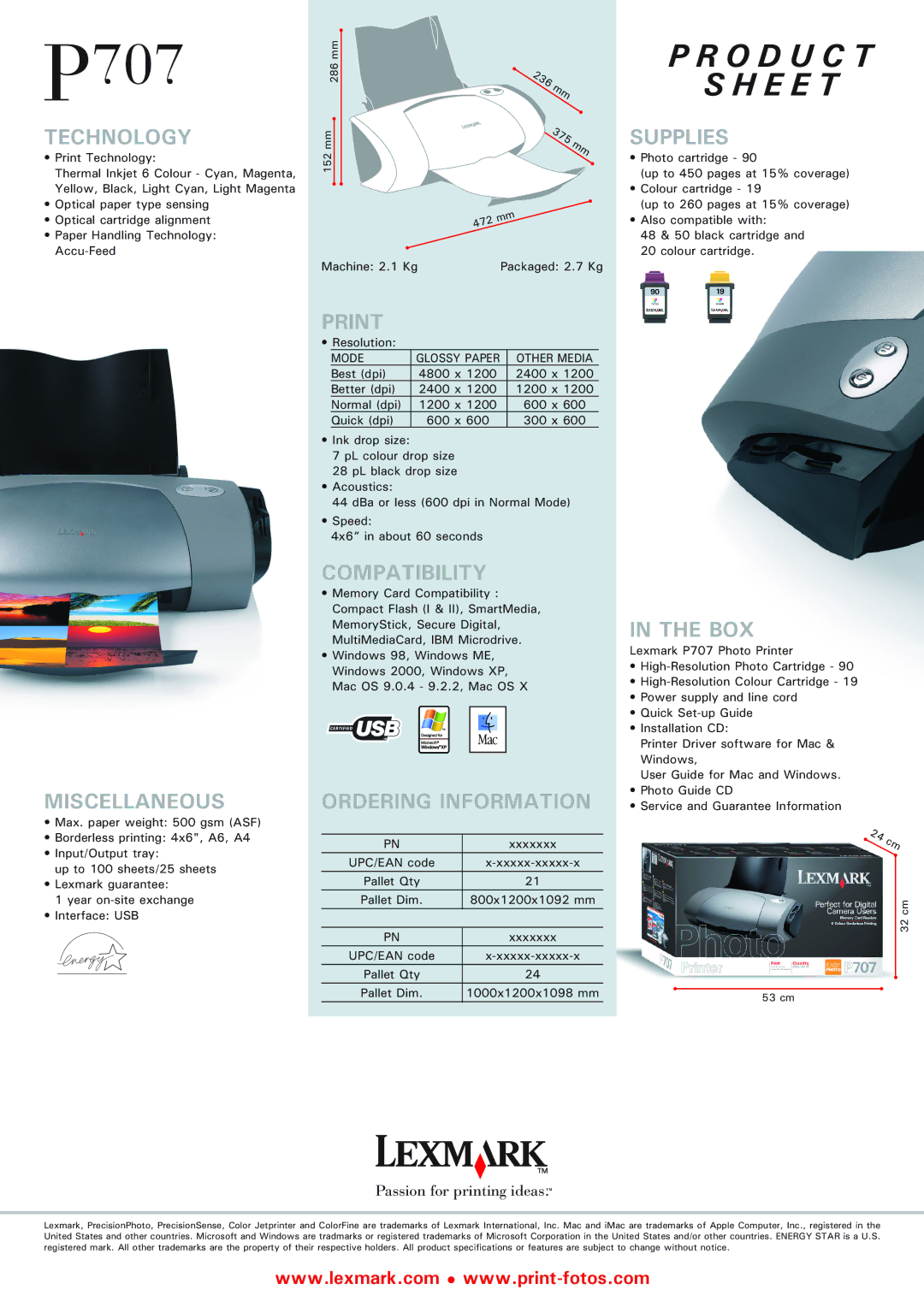 Lexmark P 707 manual Technology, Supplies, Miscellaneous, Print, Compatibility, Ordering Information, Box 