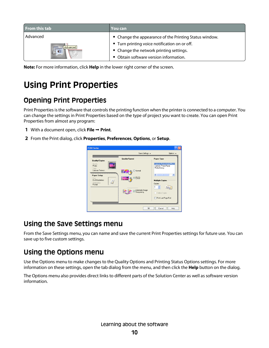 Lexmark P200 Series Using Print Properties, Opening Print Properties, Using the Save Settings menu, Using the Options menu 