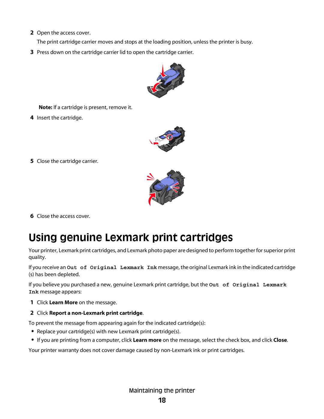 Lexmark P200 Series manual Using genuine Lexmark print cartridges, Click Report a non-Lexmark print cartridge 