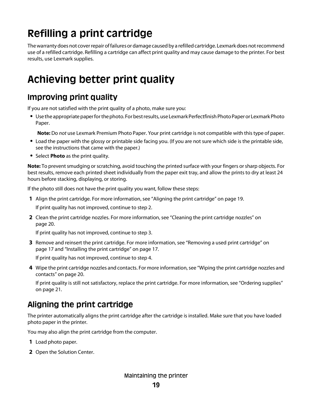 Lexmark P200 Series manual Refilling a print cartridge, Achieving better print quality, Improving print quality 