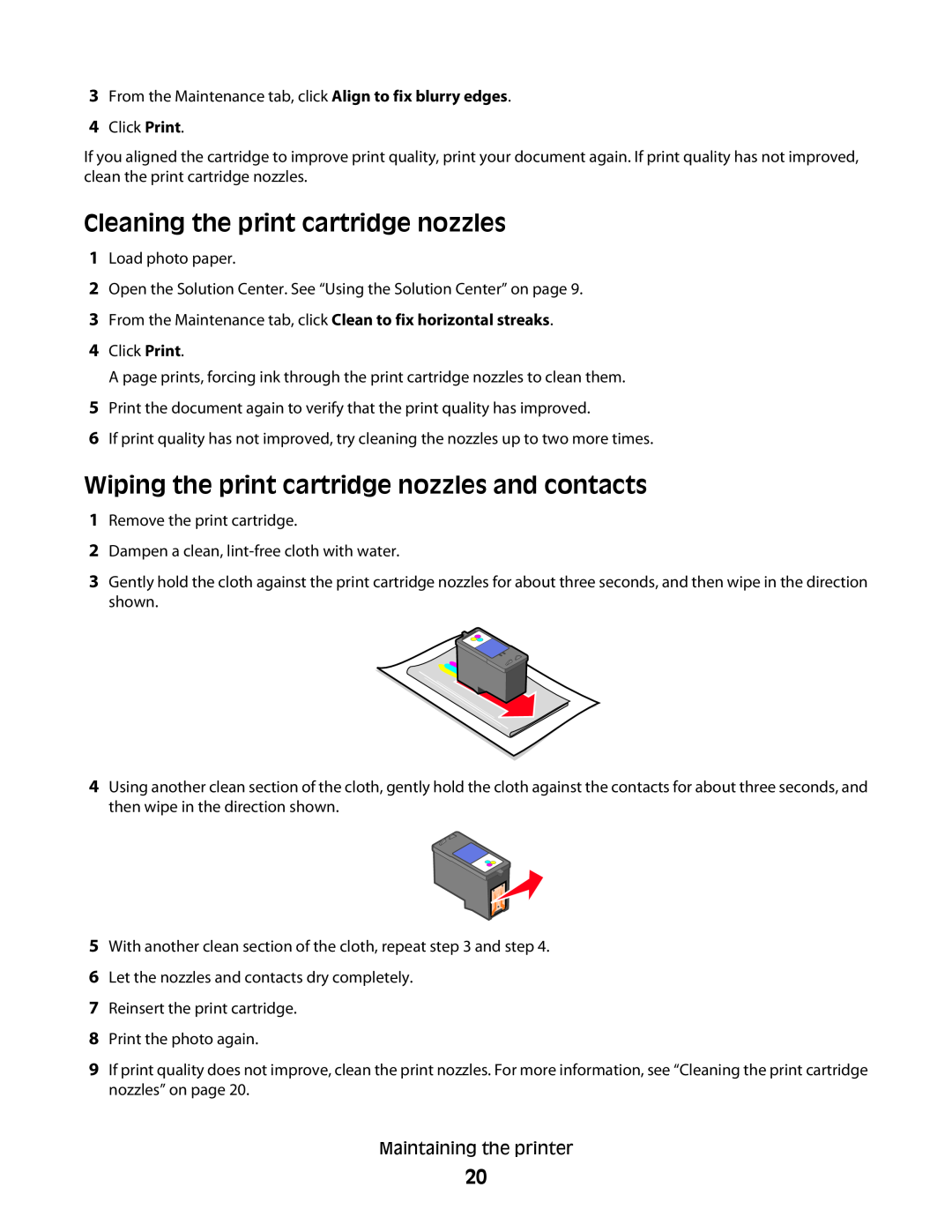 Lexmark P200 Series manual Cleaning the print cartridge nozzles, Wiping the print cartridge nozzles and contacts 