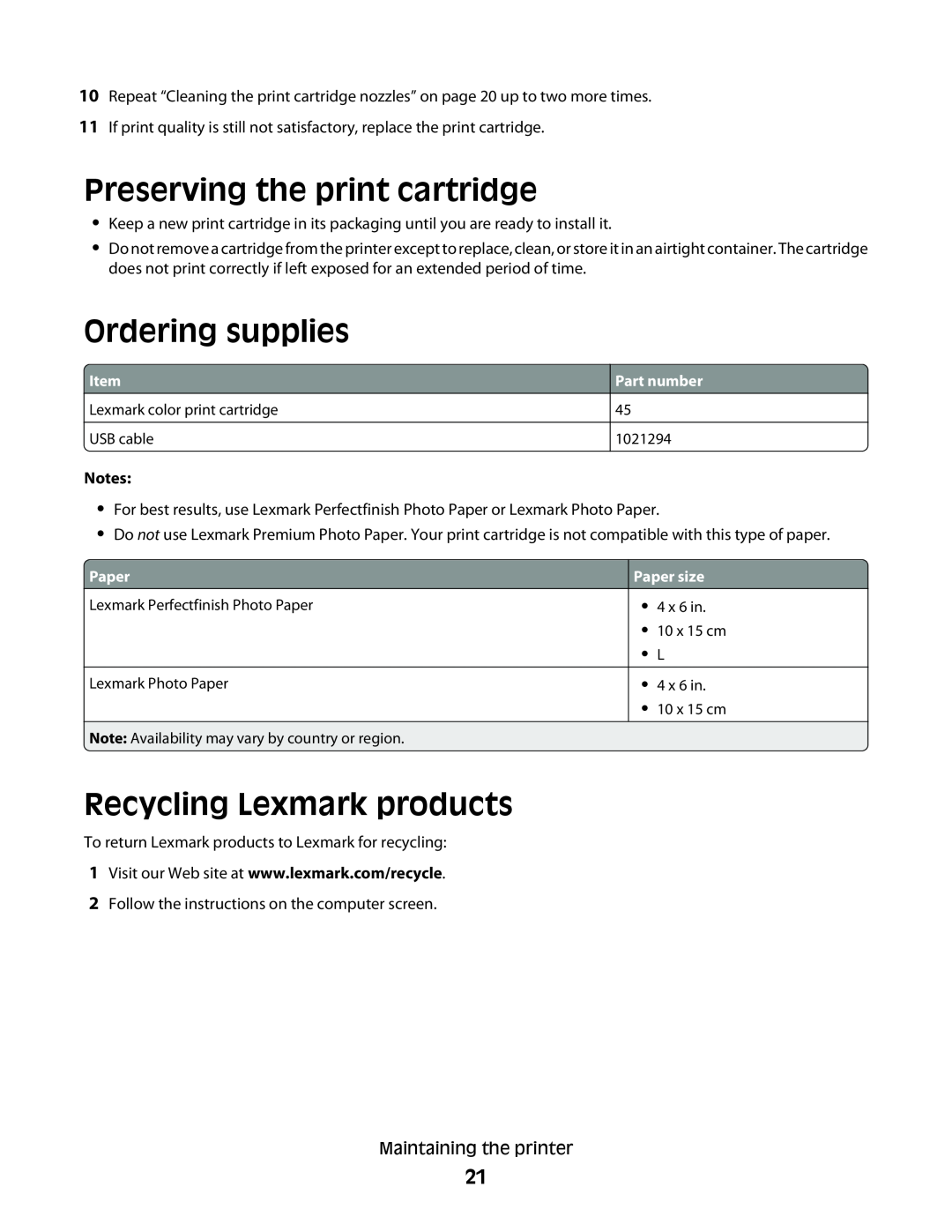 Lexmark P200 Series Preserving the print cartridge, Ordering supplies, Recycling Lexmark products, Part number, Paper 
