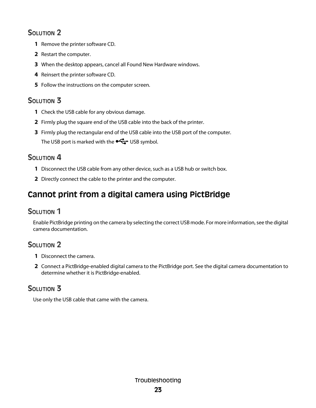 Lexmark P200 Series manual Cannot print from a digital camera using PictBridge, Solution 