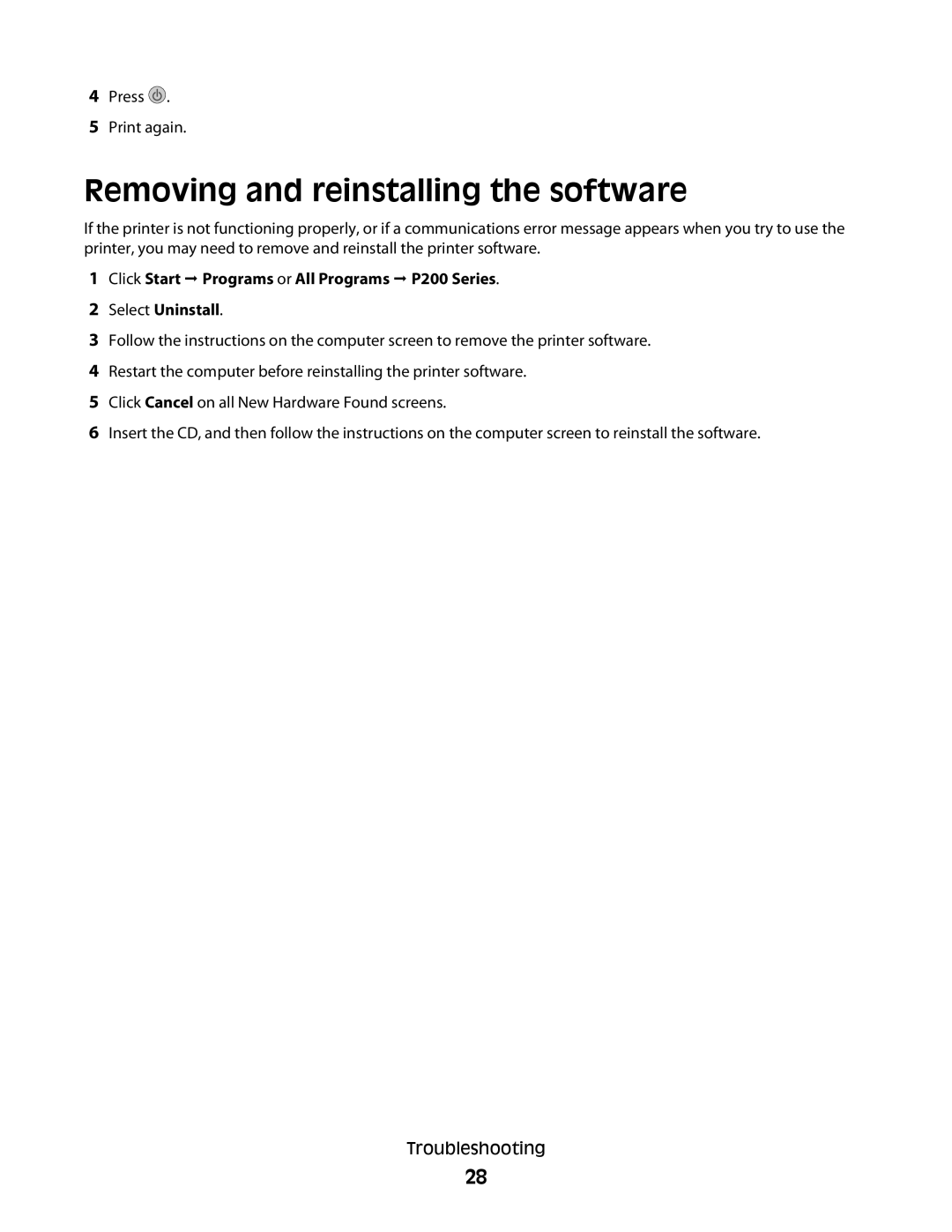 Lexmark P200 Series manual Removing and reinstalling the software, Select Uninstall 