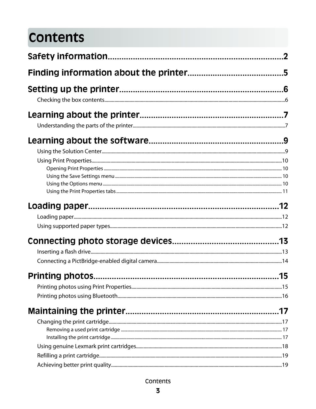 Lexmark P200 Series manual Contents, Safety information, Finding information about the printer, Setting up the printer 