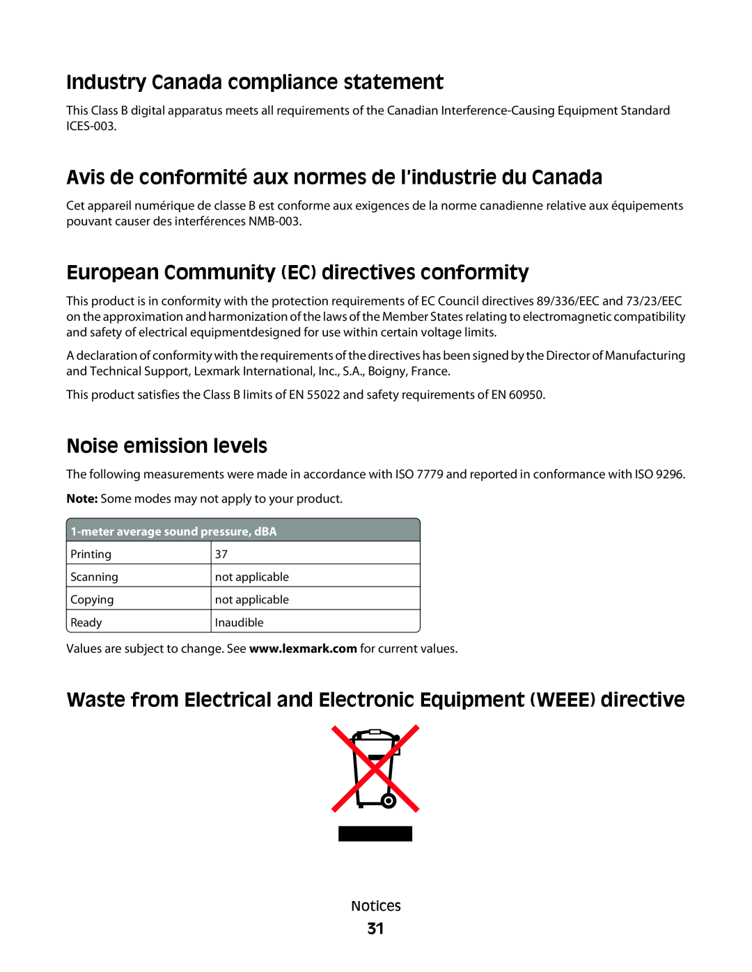 Lexmark P200 Series manual Industry Canada compliance statement, Avis de conformité aux normes de l’industrie du Canada 