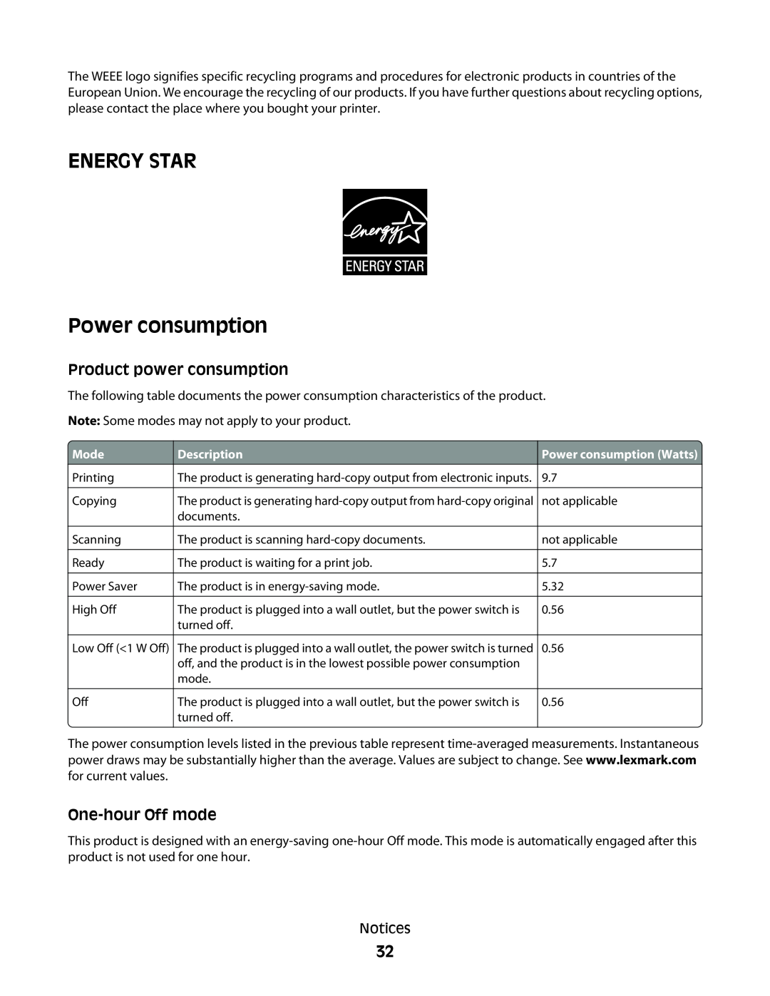 Lexmark P200 Series manual ENERGY STAR Power consumption, Product power consumption, One-hour Off mode 