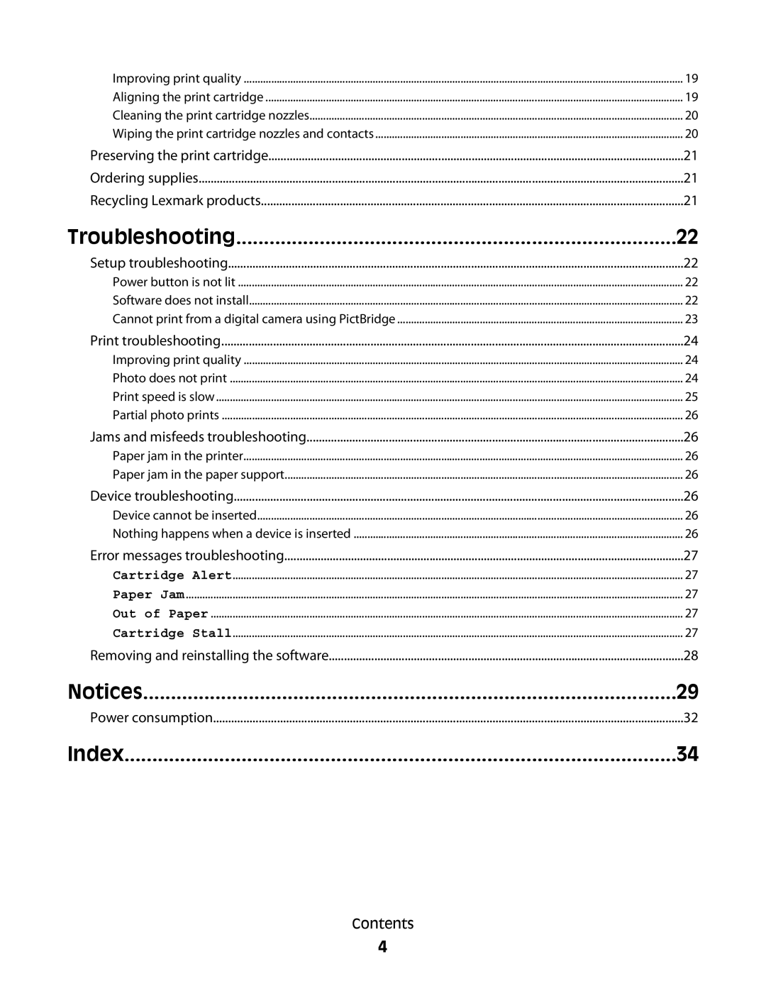 Lexmark P200 Series manual Troubleshooting, Index, Notices 