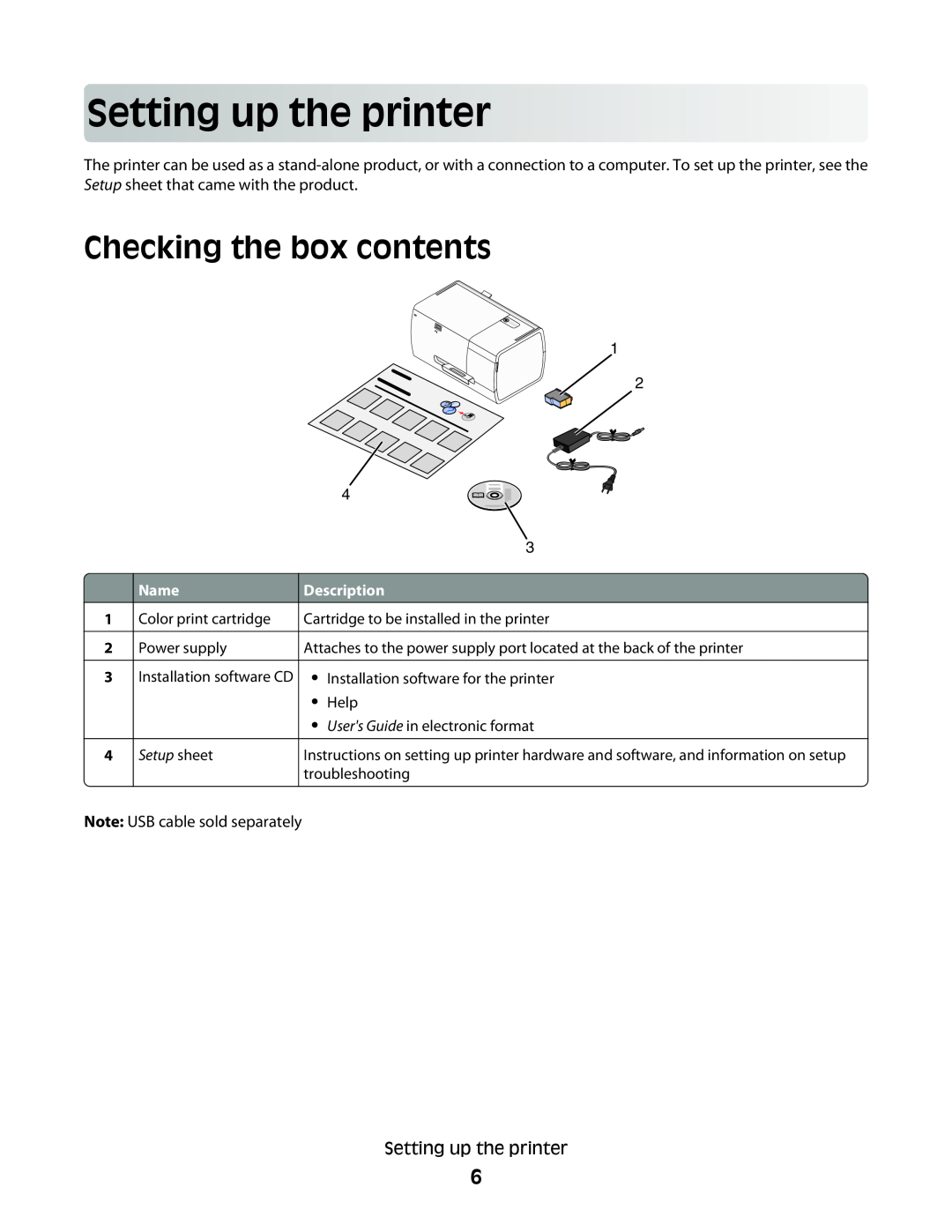 Lexmark P200 Series manual Settingup theprinter, Checking the box contents, Name, Setup sheet, Description 