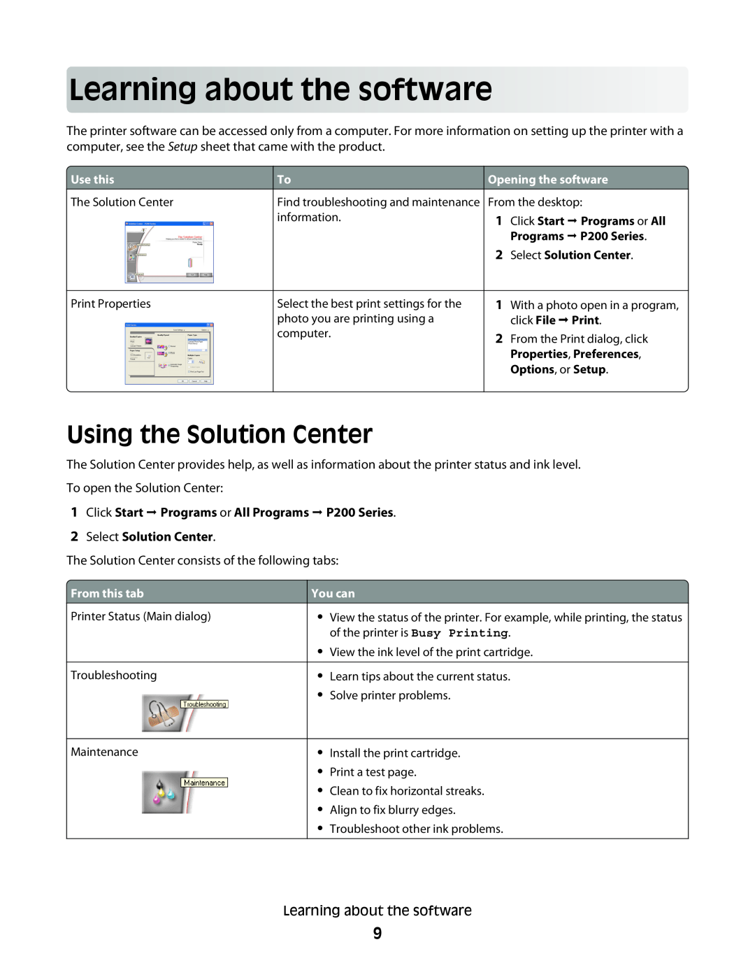 Lexmark P200 Series Learning aboutthesoftware, Using the Solution Center, Select Solution Center, Use this, From this tab 