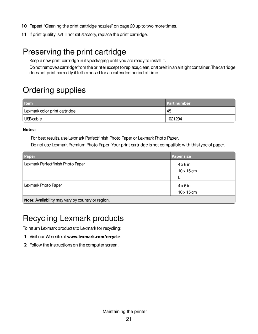 Lexmark P200 Series manual Preserving the print cartridge, Ordering supplies, Recycling Lexmark products 