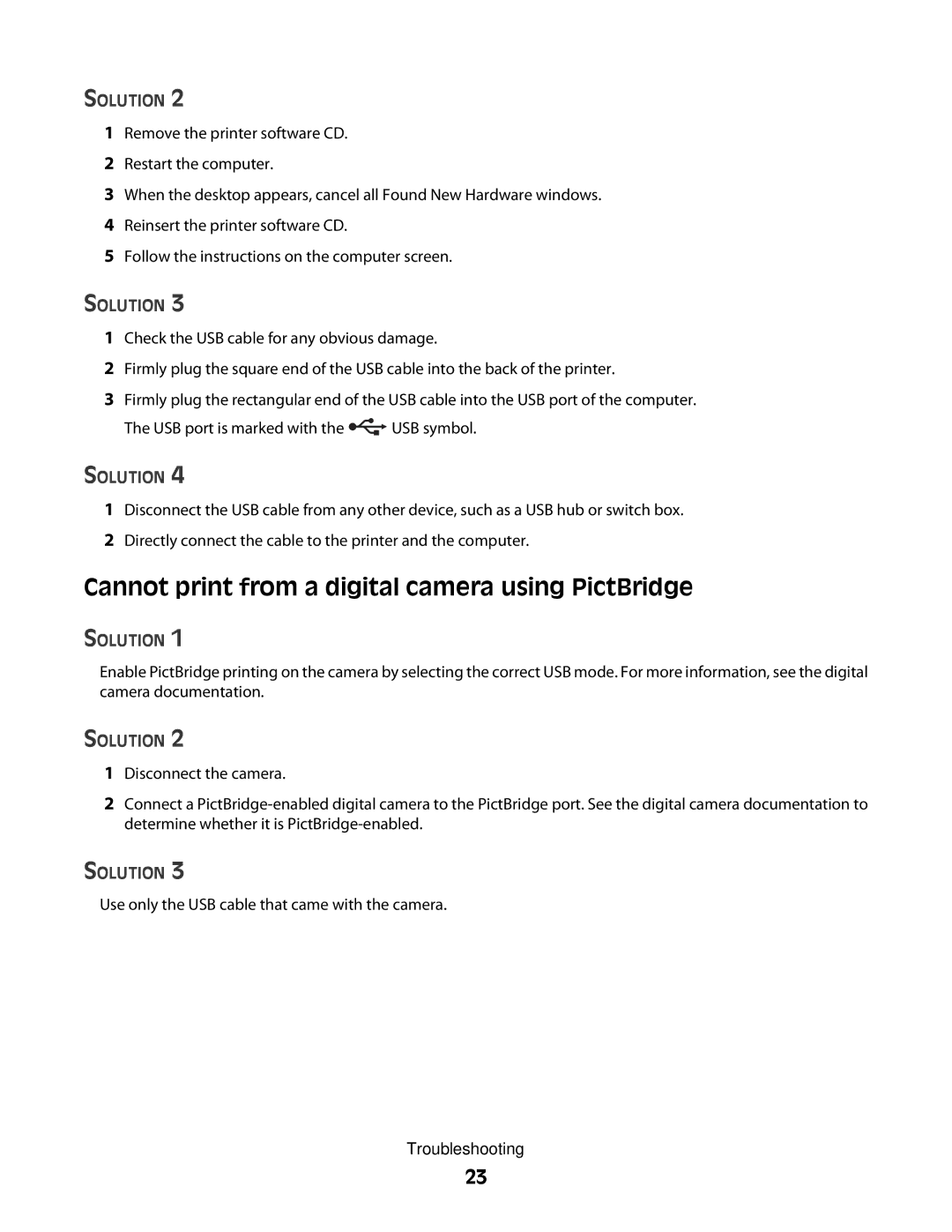 Lexmark P200 Series manual Cannot print from a digital camera using PictBridge 